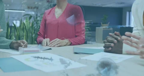Animation of financial data processing over diverse business people stacking Stock Footage 328090738