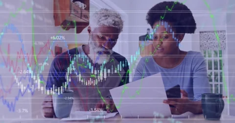 Animation of financial data processing over african american father and daughter Stock Footage 328228318