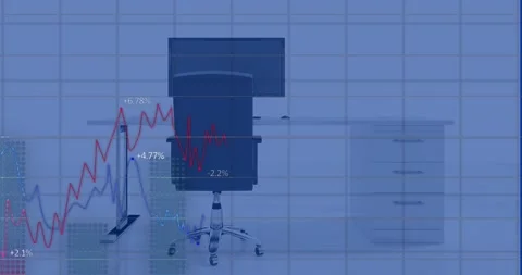 Animation of financial data processing over office with computer on desk Stock Footage 328300294