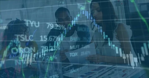 Animation of financial data processing over diverse colleagues discussing over Stock Footage 328354520