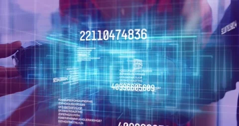 Animation of financial data processing over people using payment terminal Stock Footage 328356771