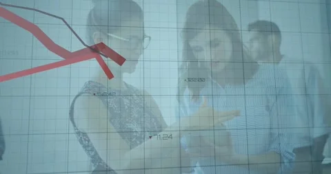 Animation of financial data processing over diverse businesswomen in office Stock Footage 328360635