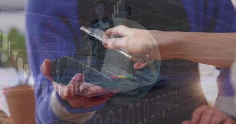 Animation of financial data processing over people using smartphone and payment Stock Footage 328410862