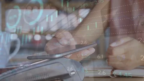 Animation of financial data processing over caucasian woman paying at payment Stock Footage 328412472