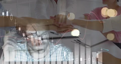 Animation of financial data processing over business people stacking hands in Stock Footage 328455488