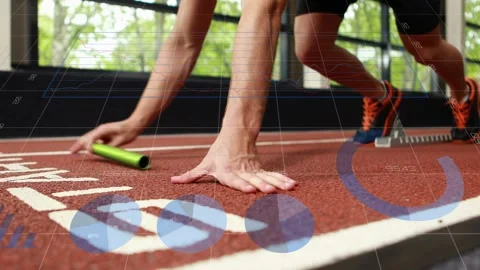 Animation of financial data processing over exercising person Stock Footage 328523108