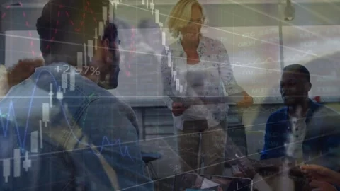 Animation of financial data processing over caucasian woman giving documents to Stock Footage 328588572