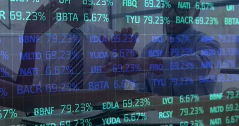 Animation of financial data processing over happy business people stacking hands Stock Footage 328592501