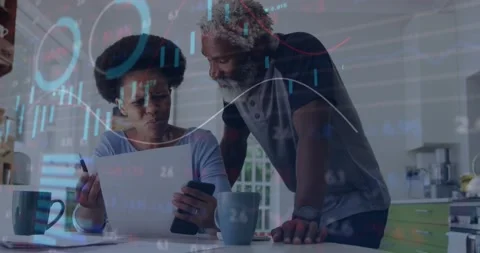 Animation of financial data processing over african american father and daughter Stock Footage 328634343