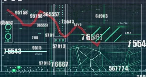 Animation of financial data processing over red line Stockbeeldmateriaal 328648829