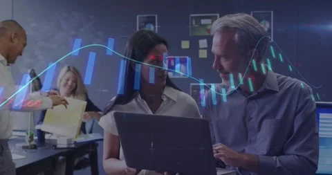 Animation of financial data processing over diverse business people working in Video stock 328707585