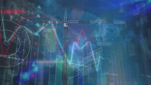 Animation of financial data processing over world map against construction site Stock Footage 328712179