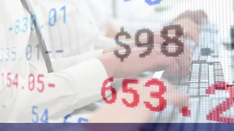 Animation of financial data processing over people using computer Stock Footage 328821120