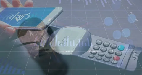 Animation of financial data processing over smartphone and payment terminal Stock Footage 328836235