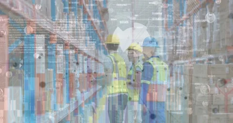 Animation of financial data processing over group of caucasian workers in Stock Footage 328969451