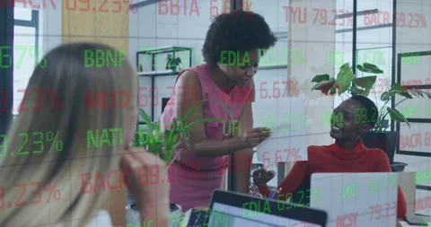 Animation of financial data processing over african american woman giving Stock Footage 328974573