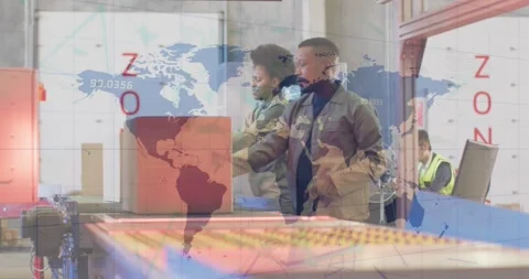 Animation of financial data processing over diverse people working in warehouse Stock Footage 329016556