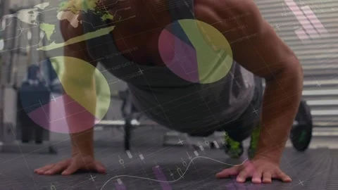 Animation of financial data processing over exercising caucasian men 動画素材 329032443