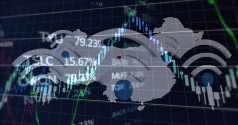 Animation of financial data processing over wifi icons and map Stock Footage 329109975