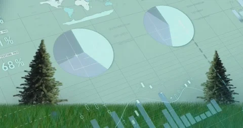 Animation of financial data processing over trees and grass Stock Footage 329110548