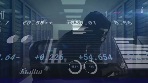 Animation of financial data processing over hacker using computer Stock Footage 329168137
