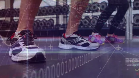 Animation of financial data processing over exercising people Stock Footage 329168477