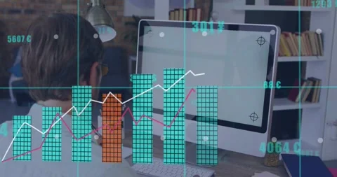 Animation of financial data processing over caucasian businessman using computer Stock Footage 329222053