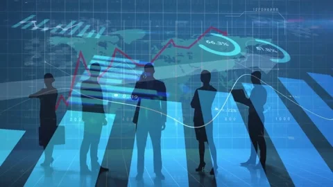 Animation of financial data processing over business people and world map on Stock Footage 329223463
