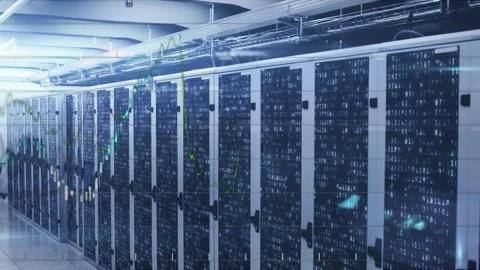 Animation of financial data processing over empty computer server room Stockbeeldmateriaal 329232267