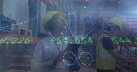 Animation of financial data processing over diverse people working in warehouse Stock Footage 329283795