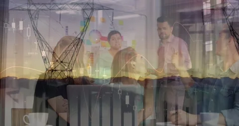 Animation of financial data processing over diverse business people and Stock-Footage 329288566