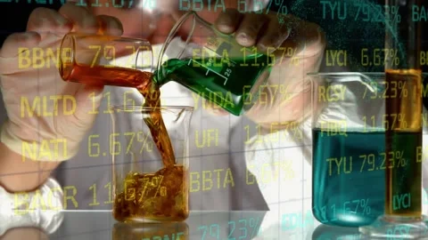 Animation of financial data processing over lab worker mixing solutions Stock Footage 329294893