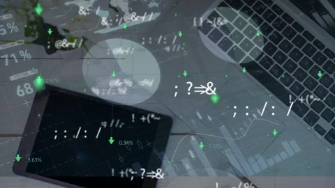 Animation of financial data processing over office table Stock Footage 329355983
