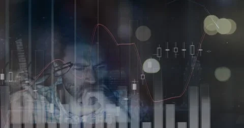 Animation of financial data processing over tired man using computer Stock Footage 329361075