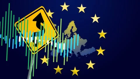 Animation of financial data processing over road sign and flag of eu with map of Stock Footage 329408024