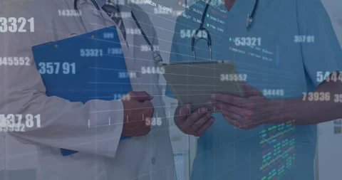 Animation of financial data processing over caucasian male doctors with 動画素材 329418205