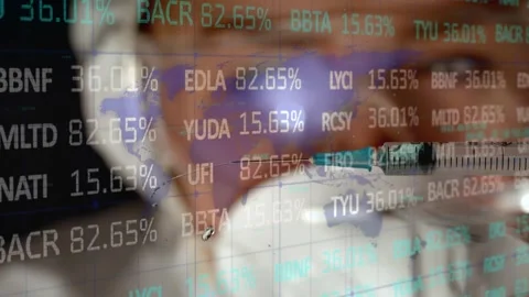 Animation of financial data processing over lab worker Stock Footage 329419307