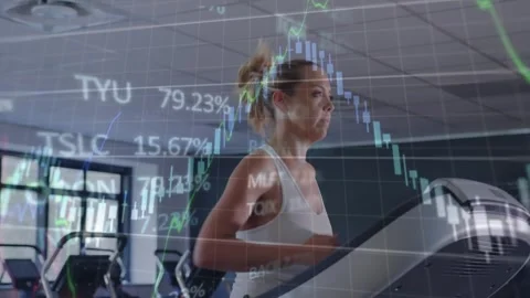 Animation of financial data processing over caucasian woman exercising Stock Footage 329427778