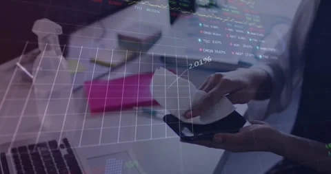 Animation of financial data processing over woman wiping smartphone Stockbeeldmateriaal 329498342