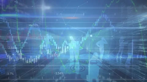 Animation of financial data processing over business people and computer servers Stock Footage 329498368