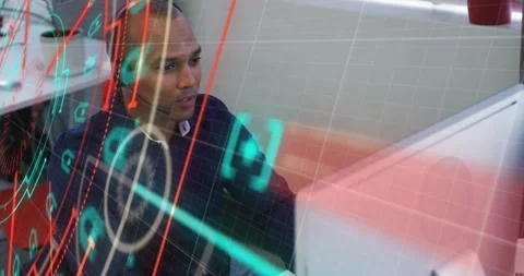 Animation of financial data processing over businessman using computer in office Stock Footage 329555067