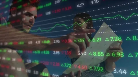 Animation of financial data processing over diverse people reading map Stock Footage 329565097
