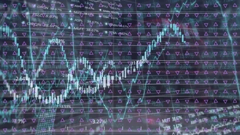 Animation of financial data processing over abstract shapes pattern on black Stock Footage 329568698