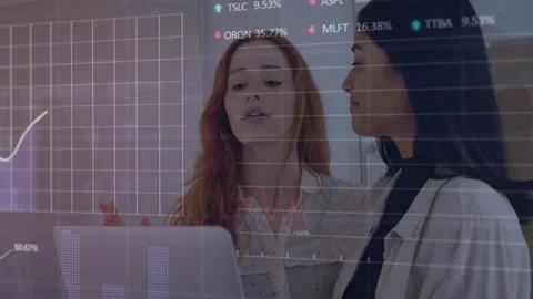 Animation of financial data processing over diverse business people using tablet Видео 329689726