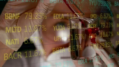 Animation of financial data processing over female lab worker pouring reagent Stock Footage 329691311