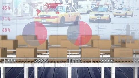 Animation of financial data processing over boxes on conveyor belts and Stock Footage 329691555