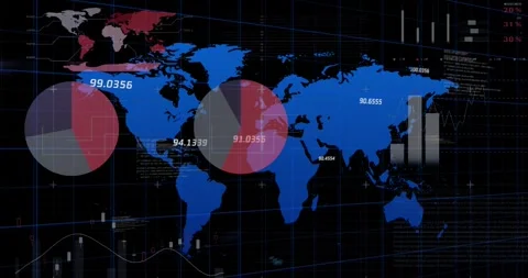 Animation of financial data processing over globe and red world map Stock Footage 329695763