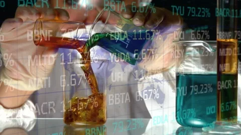 Animation of financial data processing over lab worker mixing solutions Stock Footage 329697987
