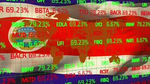 Animation of financial data processing over flag of costa rica and world map Stock Footage 329704678