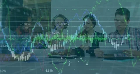 Animation of financial data processing over diverse colleagues with documents Stock Footage 329707308